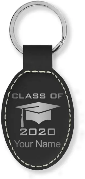 LaserGram Oval Keychain, Grad Cap Class of 2024, 2025, 2026, 2027, Personalized Engraving Included (Black with Silver)