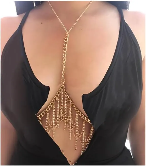 Layered Body Chain Tassel with Rhinestone, Adjustable Brides Jewelry Gold Plated, Bikini Crystal Bralette Body Jewelry, Festival Body Chain for Women