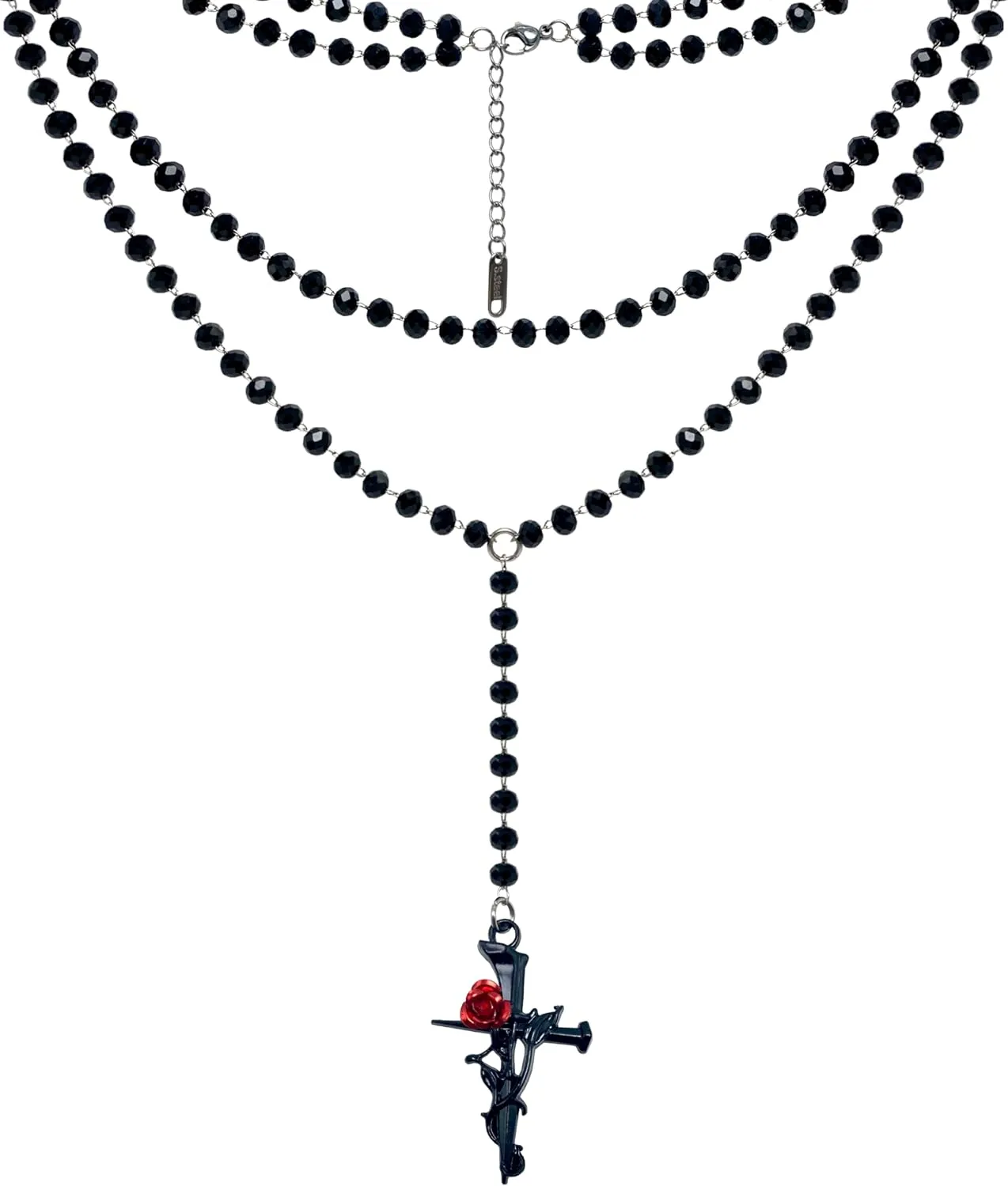 Layered Necklace with Zinc Alloy and Bead, Gothic Necklace, Layered Beads Necklace for Women, Black Bead Necklace, Goth Jewelry (Black Rose Cross)