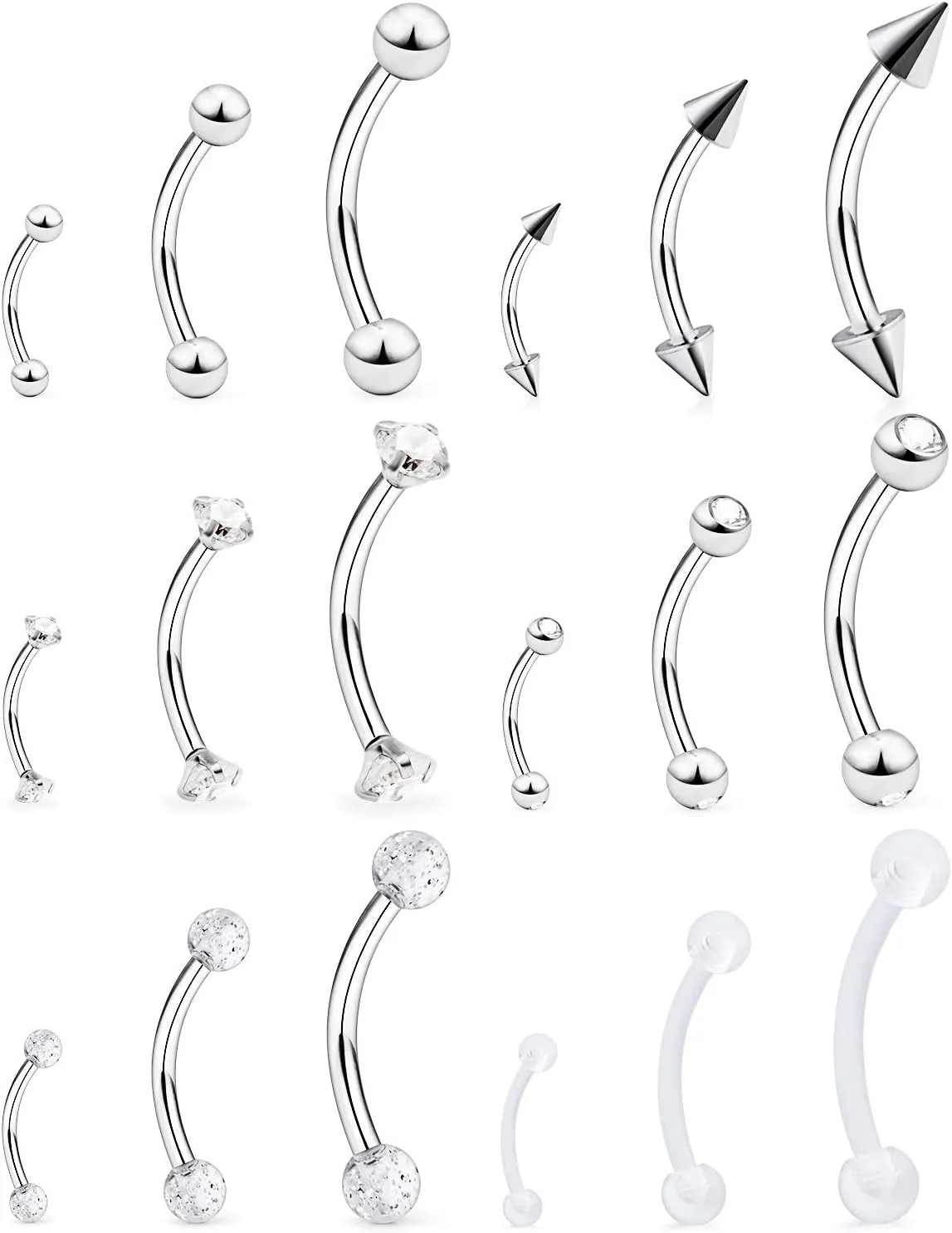 Lcolyoli 18pcs 16G Clear Bioflex Acrylic & Stainless Steel Eyebrow Barbell Rook Daith Earrings Belly Studs Cartilage Tragus Barbell Body Piercing Jewelry Retainer 6mm 8mm 10mm