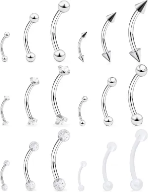 Lcolyoli 18pcs 16G Clear Bioflex Acrylic & Stainless Steel Eyebrow Barbell Rook Daith Earrings Belly Studs Cartilage Tragus Barbell Body Piercing Jewelry Retainer 6mm 8mm 10mm