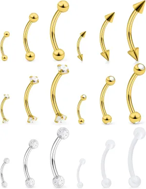 Lcolyoli 18pcs 16G Clear Bioflex Acrylic & Stainless Steel Eyebrow Barbell Rook Daith Earrings Belly Studs Cartilage Tragus Barbell Body Piercing Jewelry Retainer 6mm 8mm 10mm