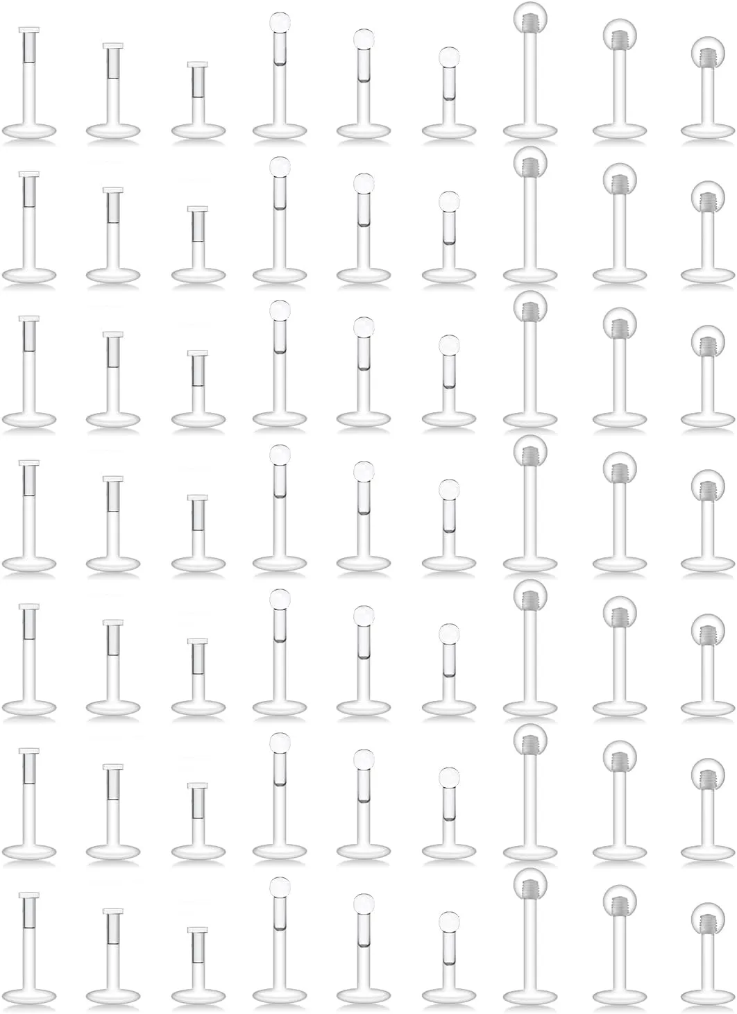 Lcolyoli 63PCS 16G Mix Length Clear Push Top Piercing Retainers Flat & Ball Top Bioflex Lip Rings Labret Medusa Retainer for Women Men 6-10mm Bar Length