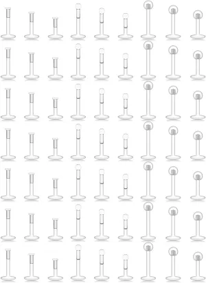 Lcolyoli 63PCS 16G Mix Length Clear Push Top Piercing Retainers Flat & Ball Top Bioflex Lip Rings Labret Medusa Retainer for Women Men 6-10mm Bar Length
