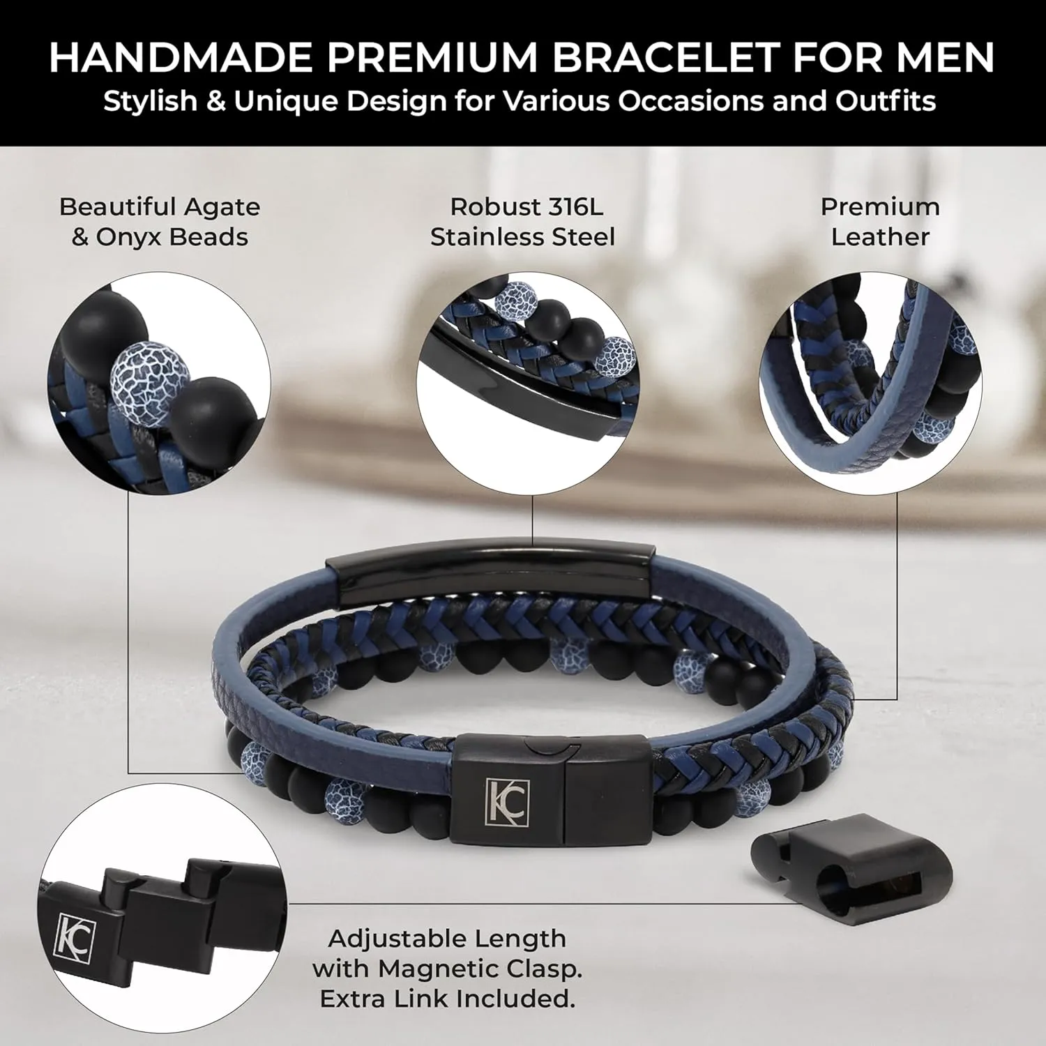 Leather Beads Bracelet Men Engraved Inspirational Adjustable Magnetic Clasp Steel Wristband Braided Cuff Tiger-Eye Lava Rock Beaded Stone Bangle Gift for Him Black Brown Blue Silver