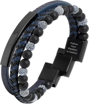 Leather Beads Bracelet Men Engraved Inspirational Adjustable Magnetic Clasp Steel Wristband Braided Cuff Tiger-Eye Lava Rock Beaded Stone Bangle Gift for Him Black Brown Blue Silver