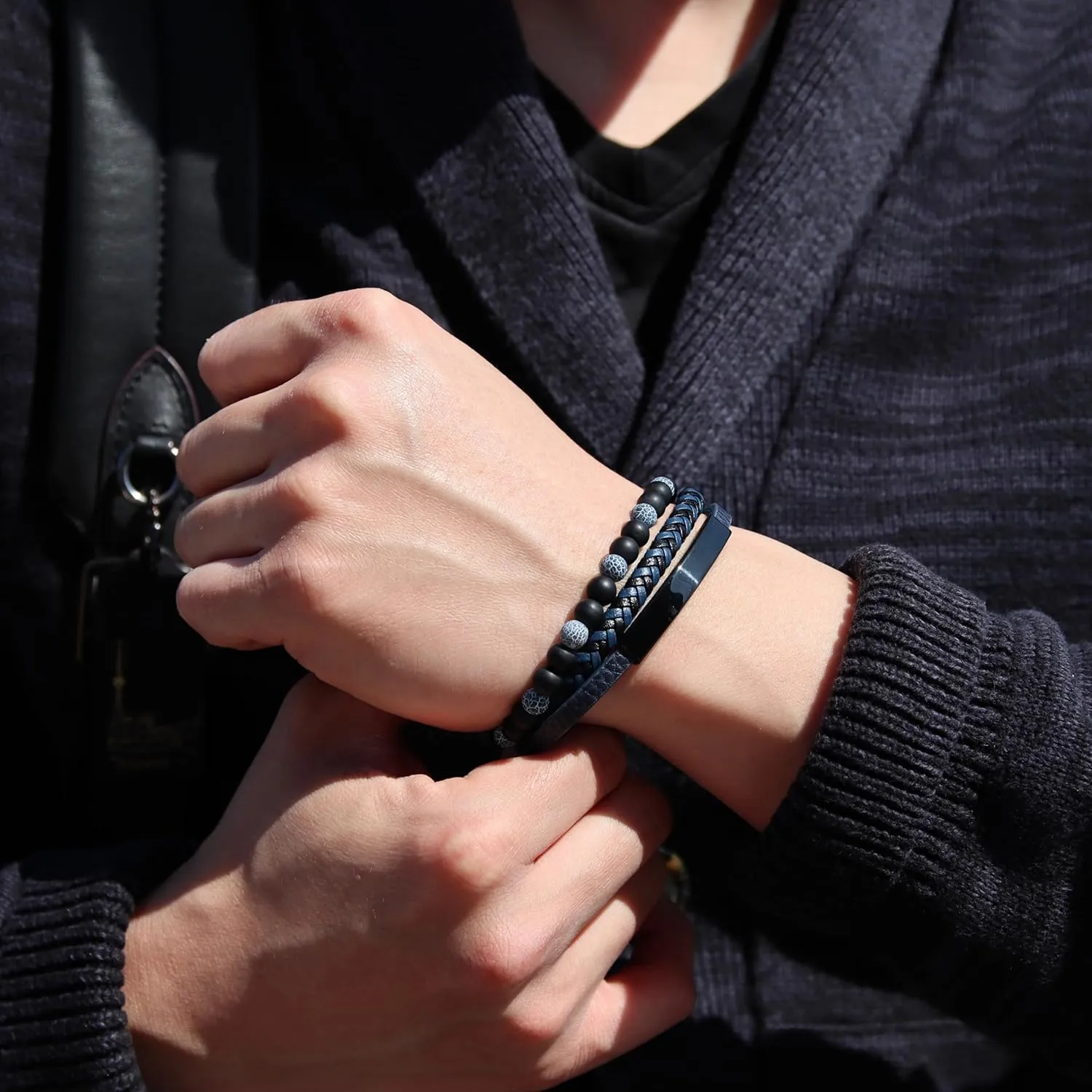 Leather Beads Bracelet Men Engraved Inspirational Adjustable Magnetic Clasp Steel Wristband Braided Cuff Tiger-Eye Lava Rock Beaded Stone Bangle Gift for Him Black Brown Blue Silver