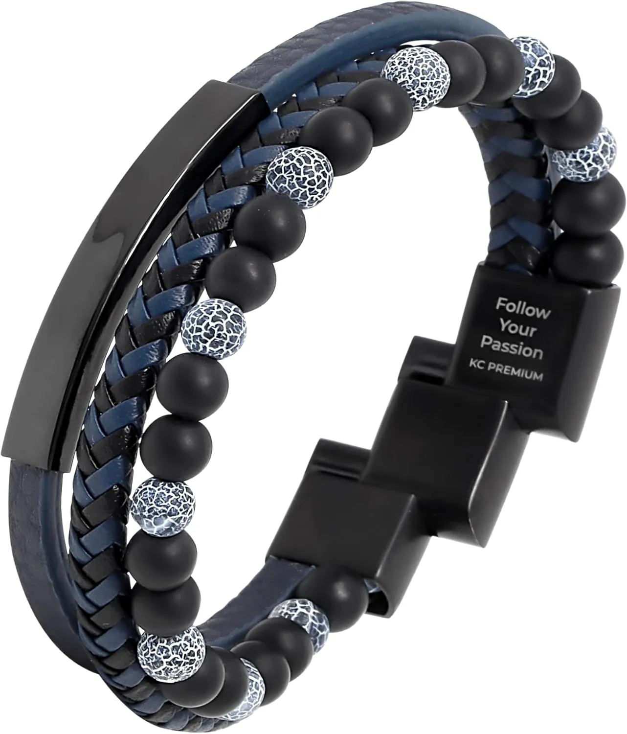 Leather Beads Bracelet Men Engraved Inspirational Adjustable Magnetic Clasp Steel Wristband Braided Cuff Tiger-Eye Lava Rock Beaded Stone Bangle Gift for Him Black Brown Blue Silver