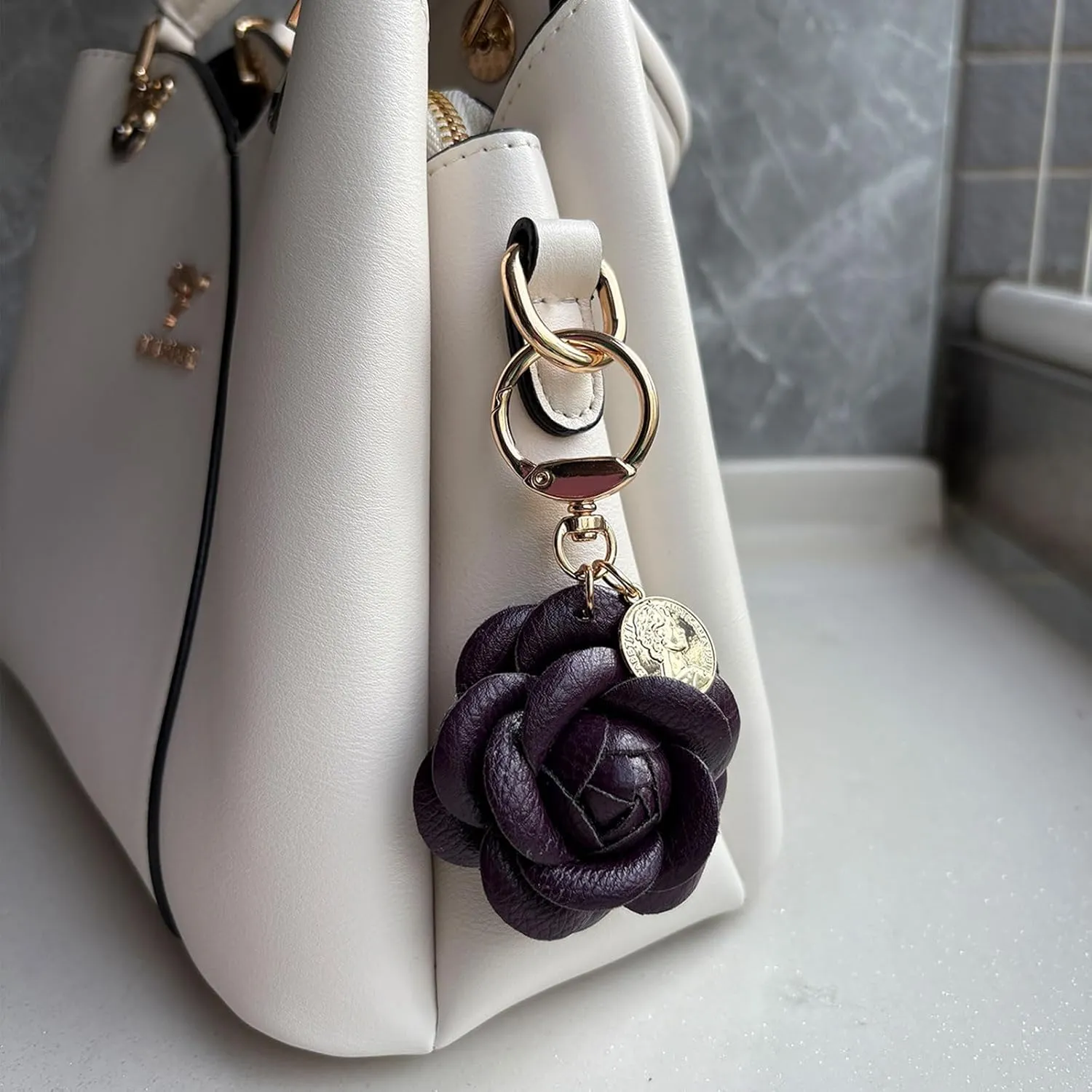 Leather Flower Keychain Bag Charm, Rose Shape, Silver Gray