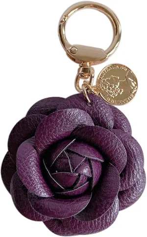 Leather Flower Keychain Bag Charm, Rose Shape, Silver Gray