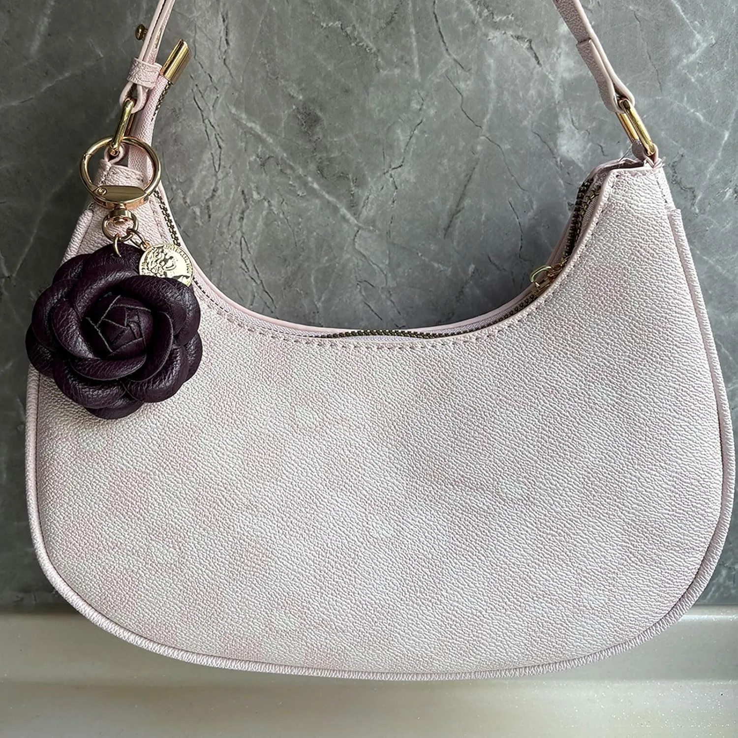 Leather Flower Keychain Bag Charm, Rose Shape, Silver Gray