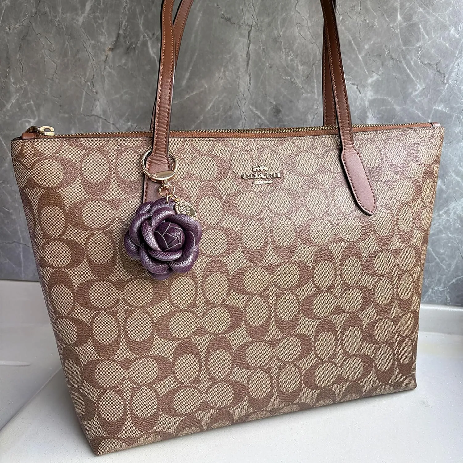 Leather Flower Keychain Bag Charm, Rose Shape, Silver Gray
