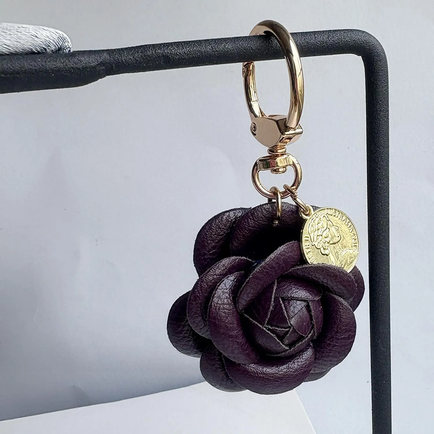 Leather Flower Keychain Bag Charm, Rose Shape, Silver Gray