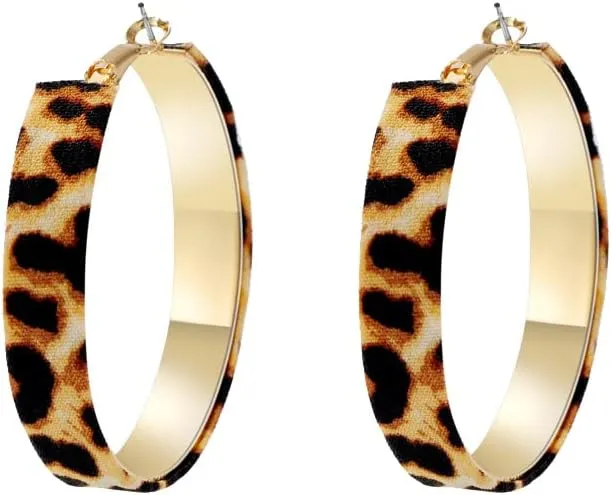 Leopard Print Large Hoop Earrings for Women 14K Gold Plated Chunky Big Huggie Hoops 50mm Circle Round Statement Earrings Studs Fashion Jewelry