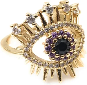 LESLIE BOULES 18K Gold Plated Evil Eye Ring for Women Protection Jewelry