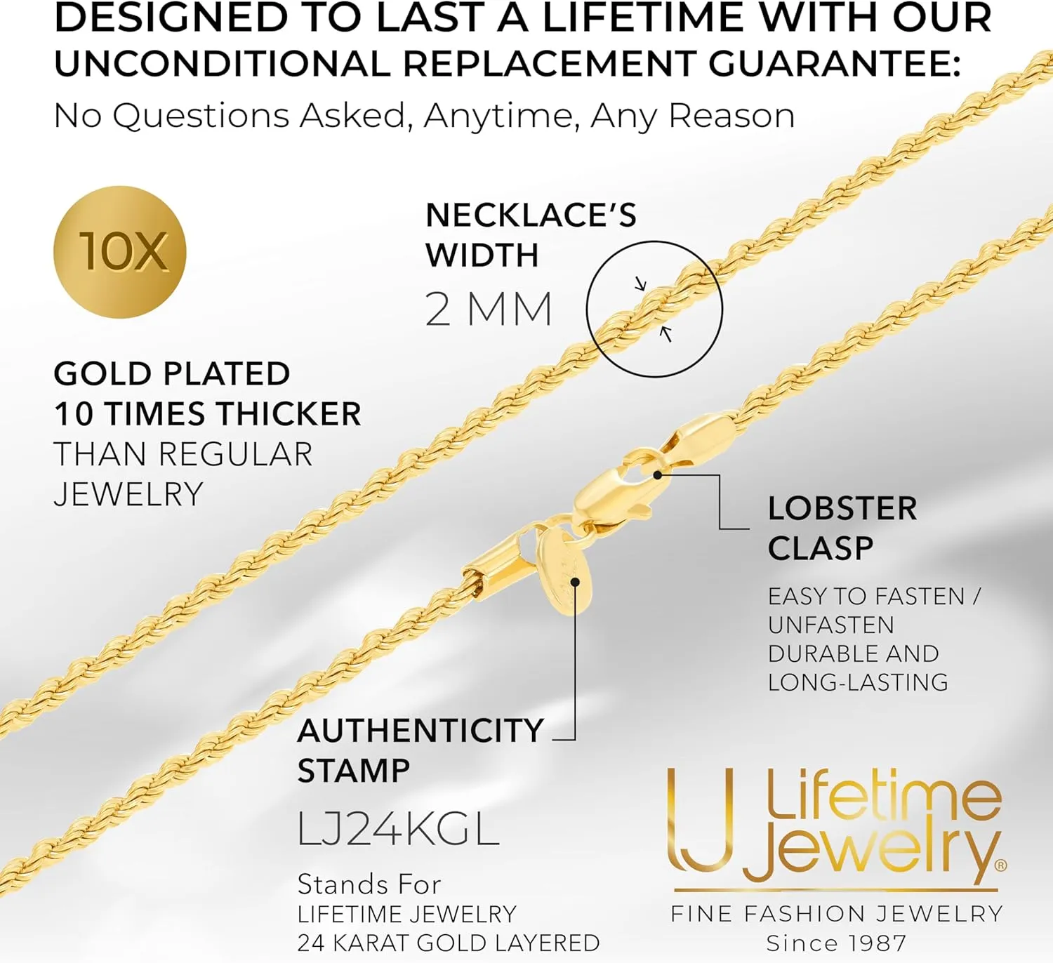 LIFETIME JEWELRY 2mm Gold Rope Chain for Men & Women 24k Real Gold Plated Diamond Cut Gold Necklace for Women & Necklace for Men 14 to 36 Inch | Gold | White Gold