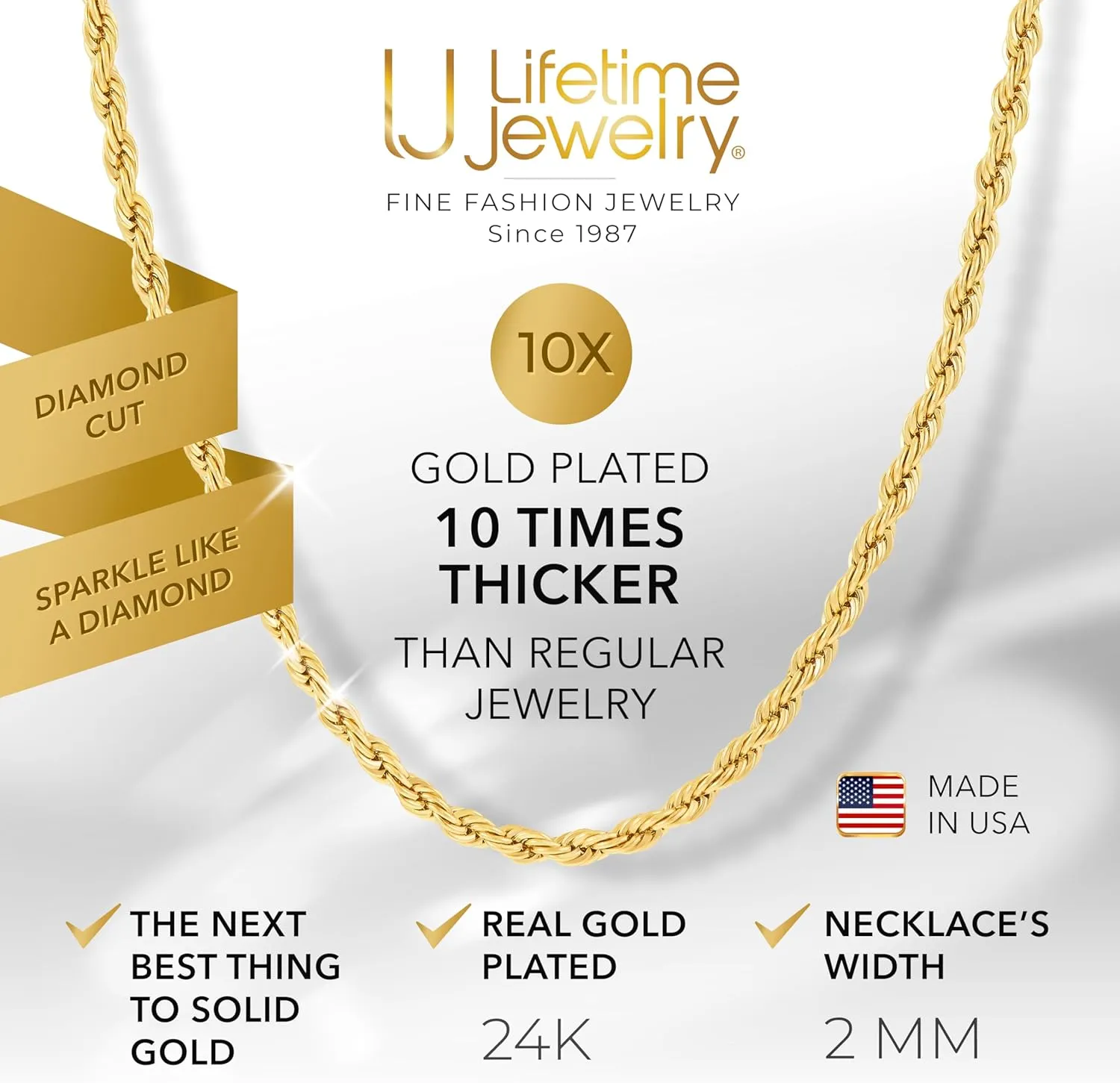 LIFETIME JEWELRY 2mm Gold Rope Chain for Men & Women 24k Real Gold Plated Diamond Cut Gold Necklace for Women & Necklace for Men 14 to 36 Inch | Gold | White Gold