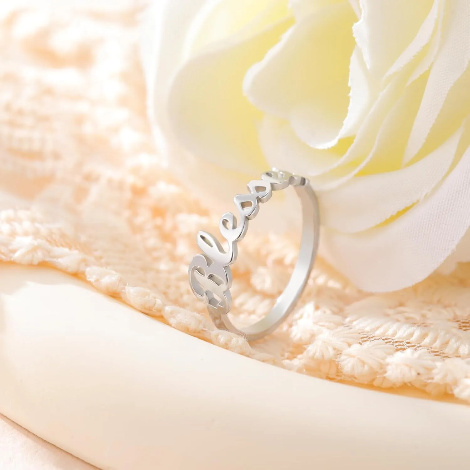 LIKGREAT Faith Strength Engraving Blessed Ring Thin Finger Ring Inspirational Pray Religious Ring for Women