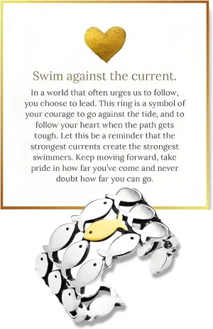 LIU JUN Swim Against The Current Ring, Inspirational Hope Encouragement Spiritual Rings Adjustable Stainless Steel Ring For Best Friend Women Men Jewelry Gifts