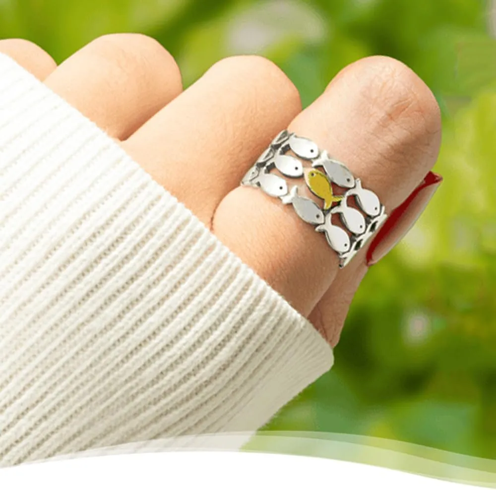 LIU JUN Swim Against The Current Ring, Inspirational Hope Encouragement Spiritual Rings Adjustable Stainless Steel Ring For Best Friend Women Men Jewelry Gifts
