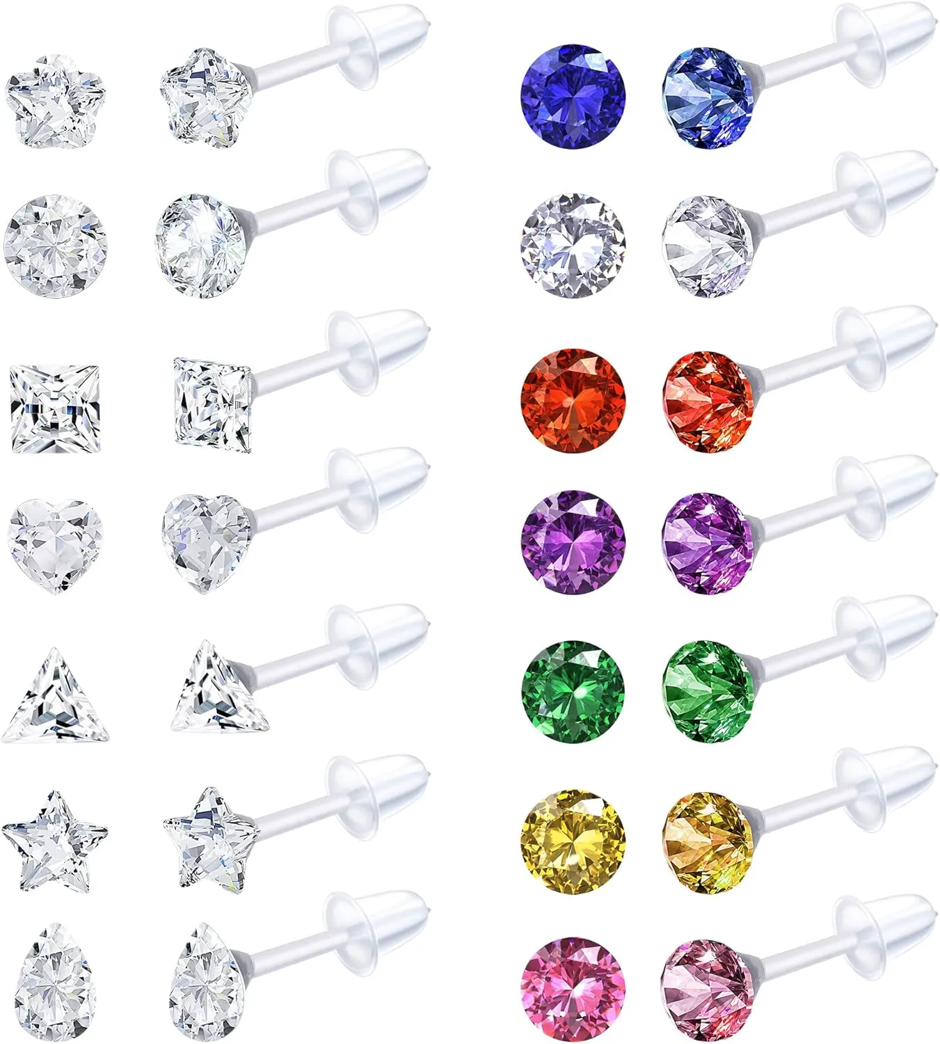 LOLIAS 14Pairs Clear Plastic Earrings Stud Earrings for Women Rhinestone Acrylic Stud Earrings Clear Piercing Retainer for Sport Work