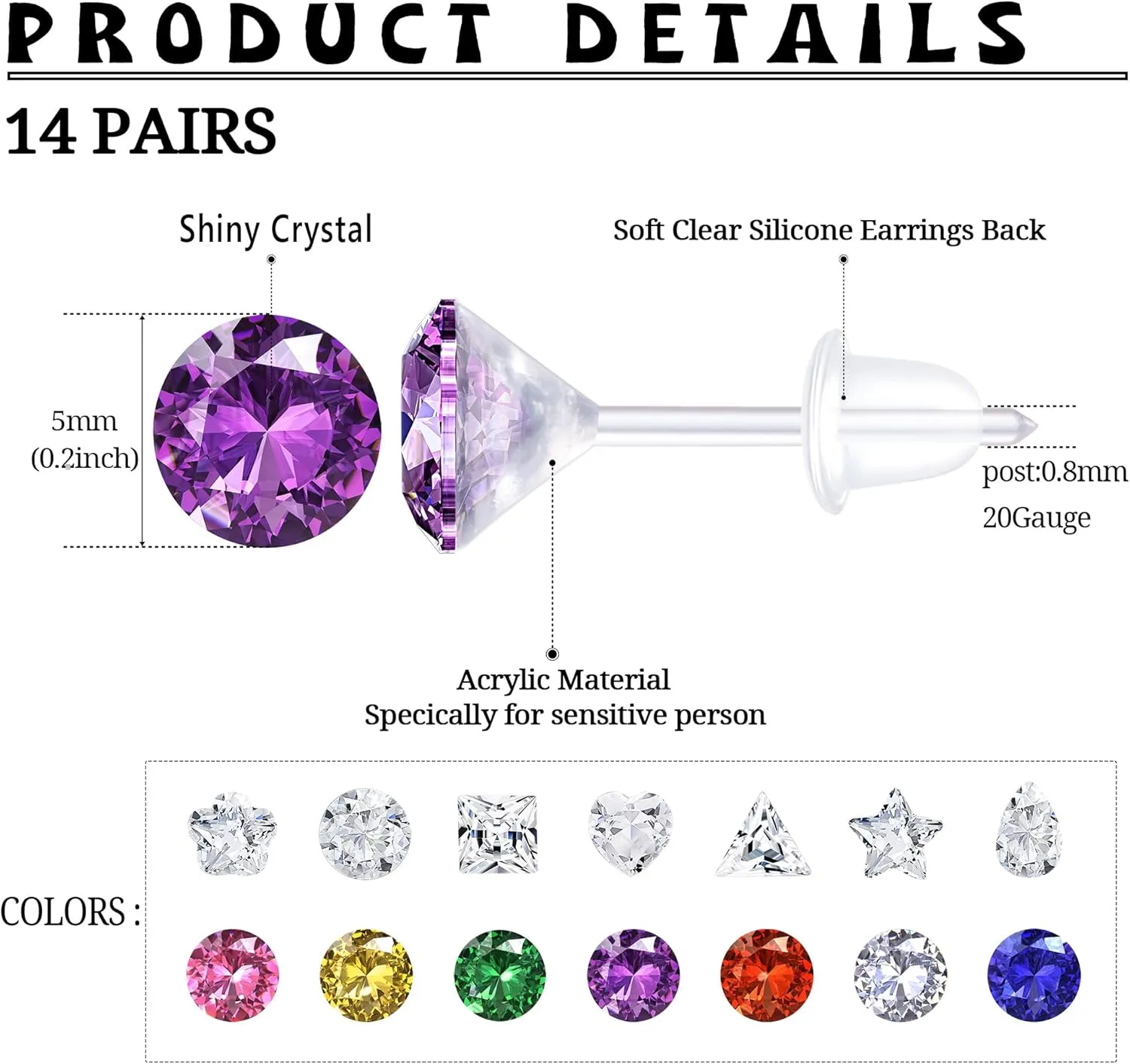 LOLIAS 14Pairs Clear Plastic Earrings Stud Earrings for Women Rhinestone Acrylic Stud Earrings Clear Piercing Retainer for Sport Work