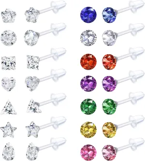 LOLIAS 14Pairs Clear Plastic Earrings Stud Earrings for Women Rhinestone Acrylic Stud Earrings Clear Piercing Retainer for Sport Work