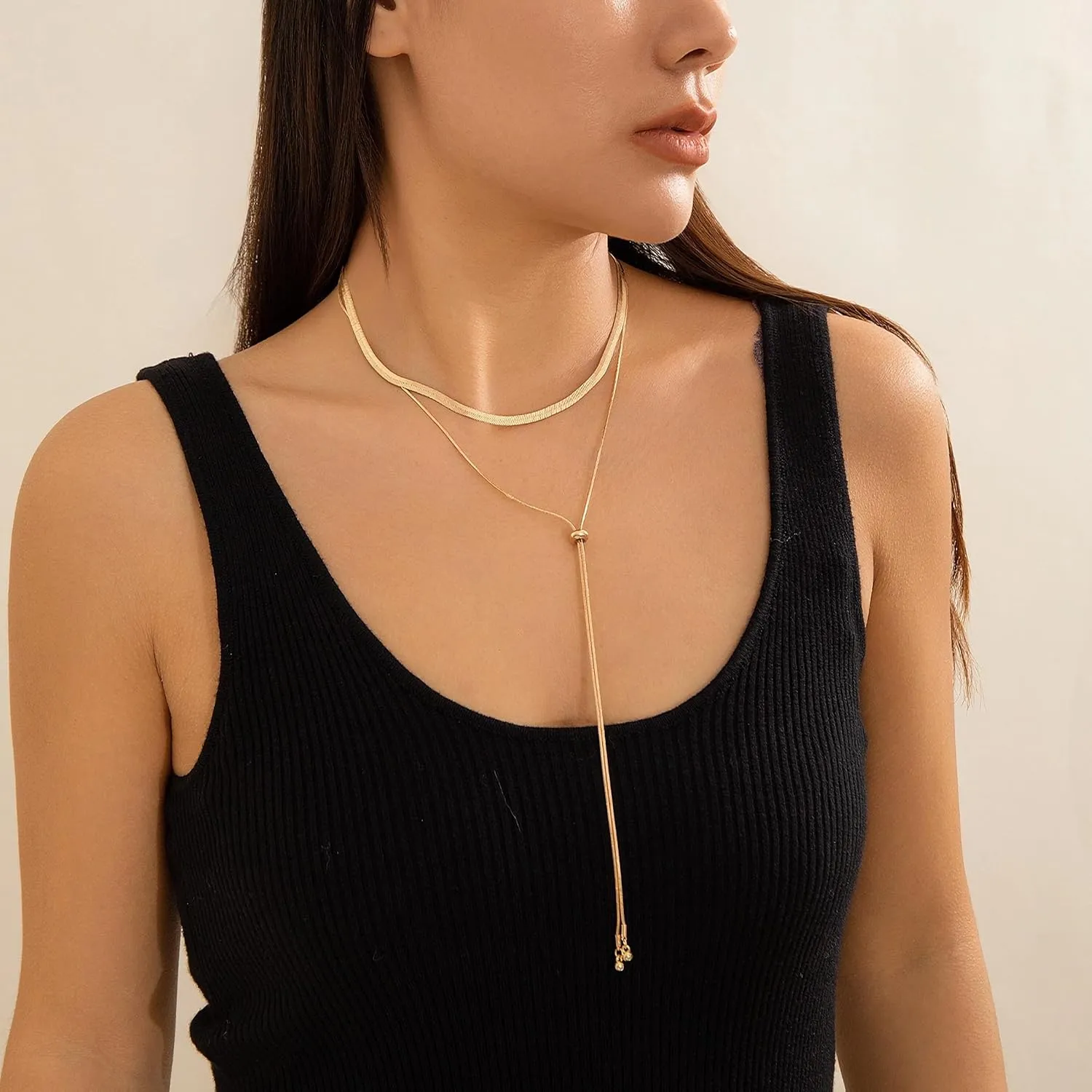 Long Necklace for Women Adjustable Snake Chain Copper Layered Necklace in Gold, Silver