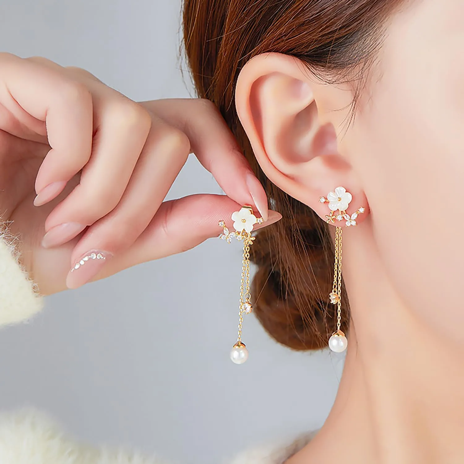 Long Pearl Earrings for Women Trendy Gold Threader Chain Earrings Dainty Flower Wedding earrings For Brides Hypoallergenic Dangling CZ/Pearl Threader earring for Women Jewelry