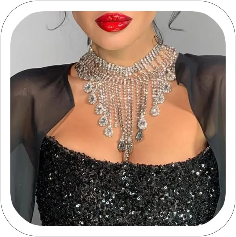 Long Rhinestone Tassel Necklace Teardrop Pendant Bib Choker Collar Crystal Silver Necklace For Women Costume Jewelry