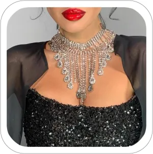 Long Rhinestone Tassel Necklace Teardrop Pendant Bib Choker Collar Crystal Silver Necklace For Women Costume Jewelry