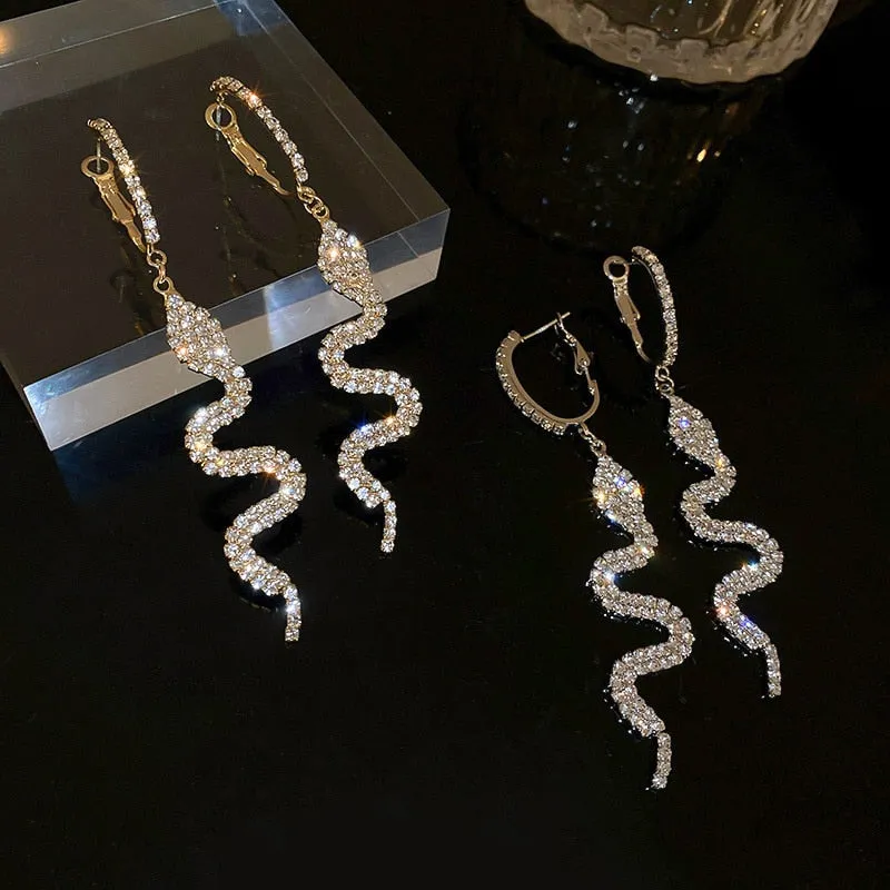 Long Tassel Rhinestone Drop Earrings - Snake Shape Crystal Dangle Earrings