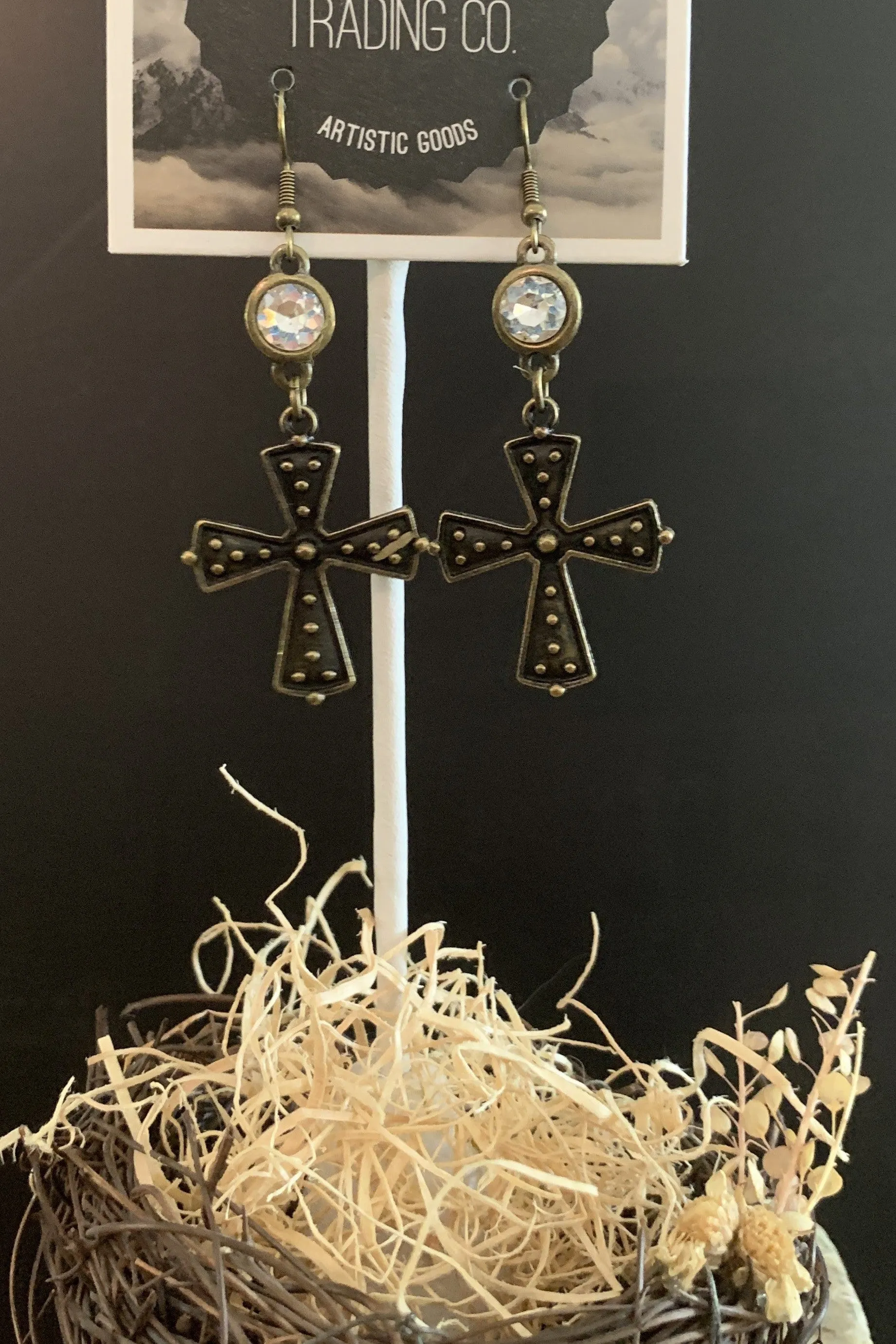 Lost And Found Rhinestone Bronze Cross Earring
