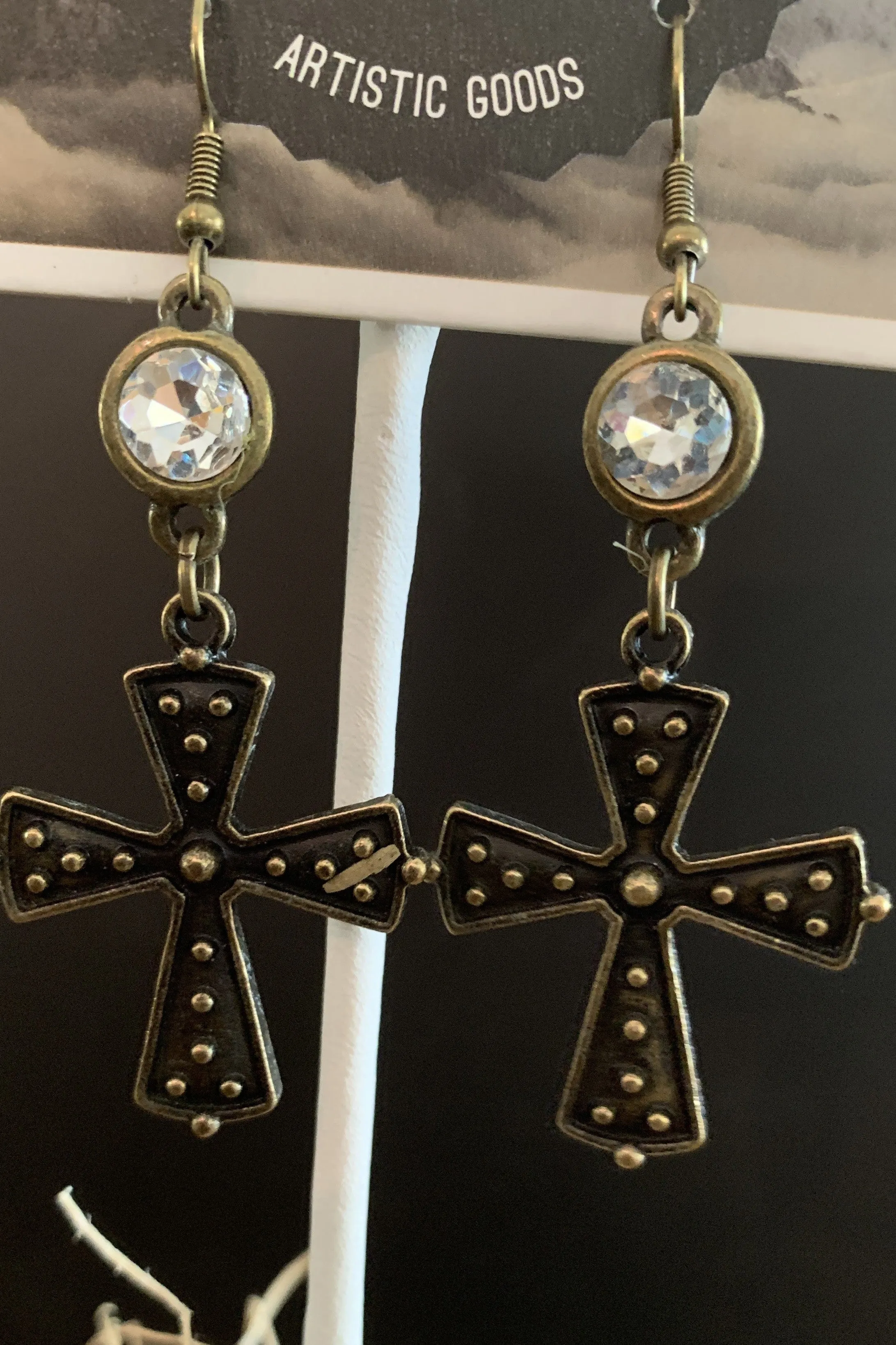 Lost And Found Rhinestone Bronze Cross Earring