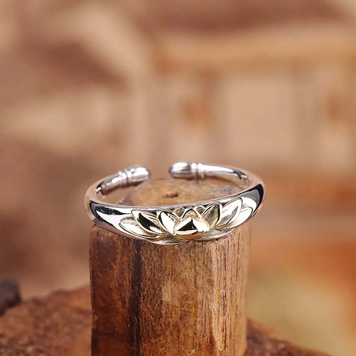 LOVECOM Lotus Promise Ring for Women 925 Sterling Silver Adjustable Lotus Flower Floral Ring Gold Plated Open Inspirational Empowering Statement Ring Birthday Jewelry Gifts for Her Mom Wife