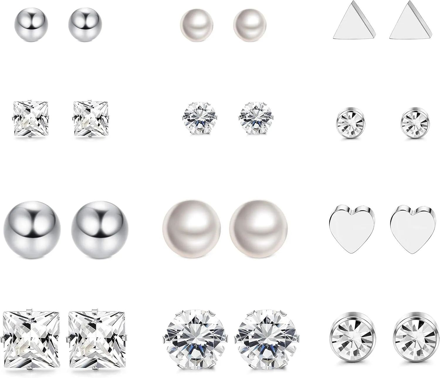 LOYALLOOK 12 Pairs Stainless Steel Earrings Stud Earrings Set for Womens Round Clear CZ Stud