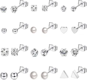 LOYALLOOK 12 Pairs Stainless Steel Earrings Stud Earrings Set for Womens Round Clear CZ Stud