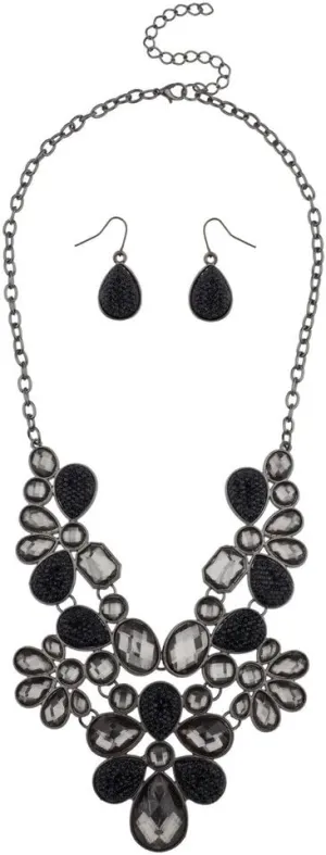 LUX ACCESSORIES Floral Flower Clear Stone Statement Necklace Matching Earrings