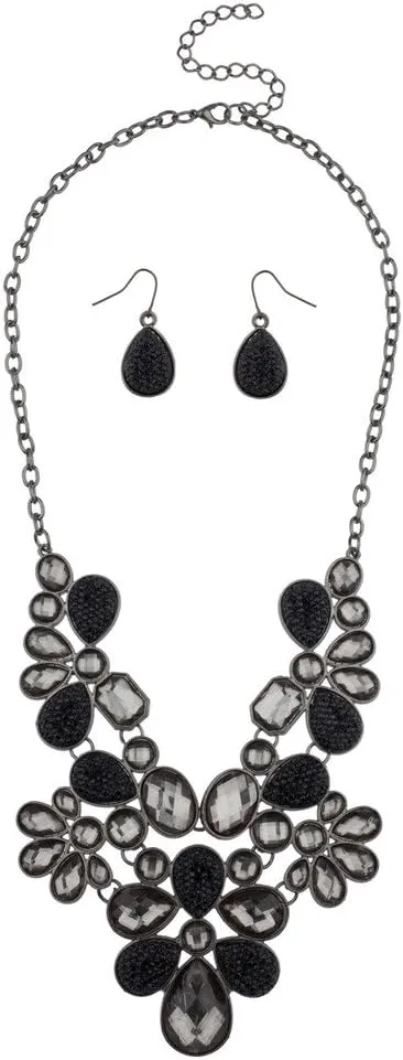 LUX ACCESSORIES Floral Flower Clear Stone Statement Necklace Matching Earrings