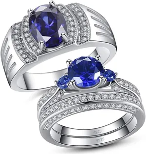 MABELLA His Hers Couple Rings Sterling Silver Womens 3 Stone Wedding Engagement Ring Set Mens CZ Ring
