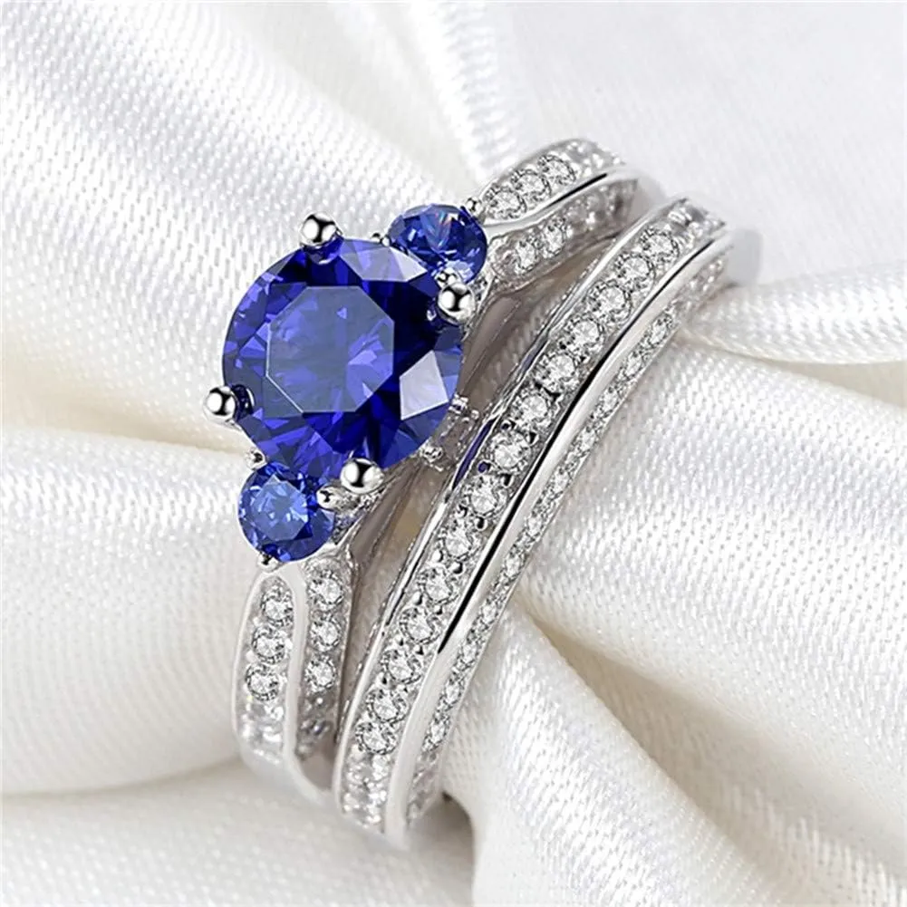 MABELLA His Hers Couple Rings Sterling Silver Womens 3 Stone Wedding Engagement Ring Set& Mens CZ Ring