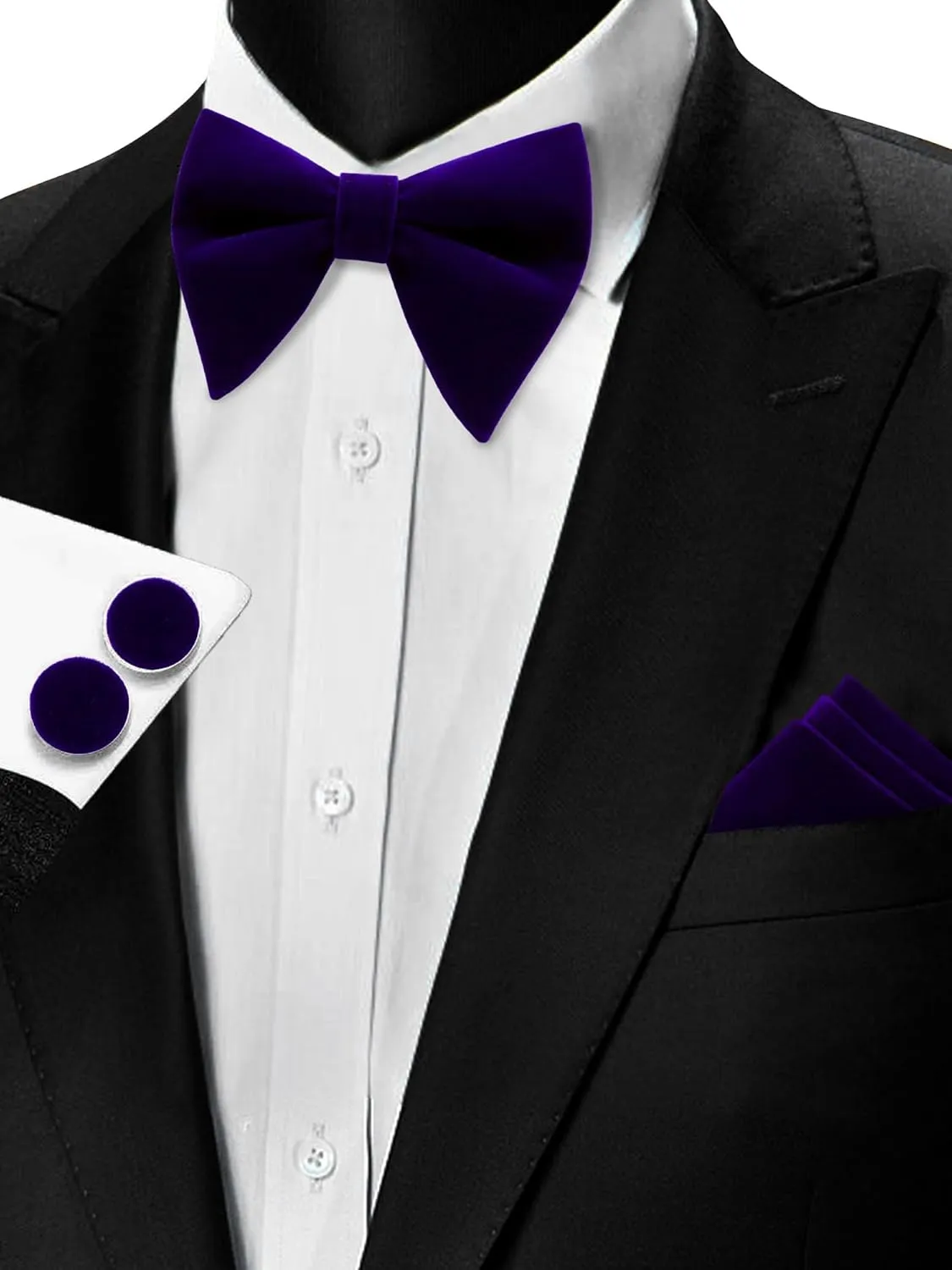 Mantieqingway Oversized Velvet Bow Ties for Men Black Bow Tie Sets Pre-tied Bow Tie with Pocket Square Cufflink Set for Men
