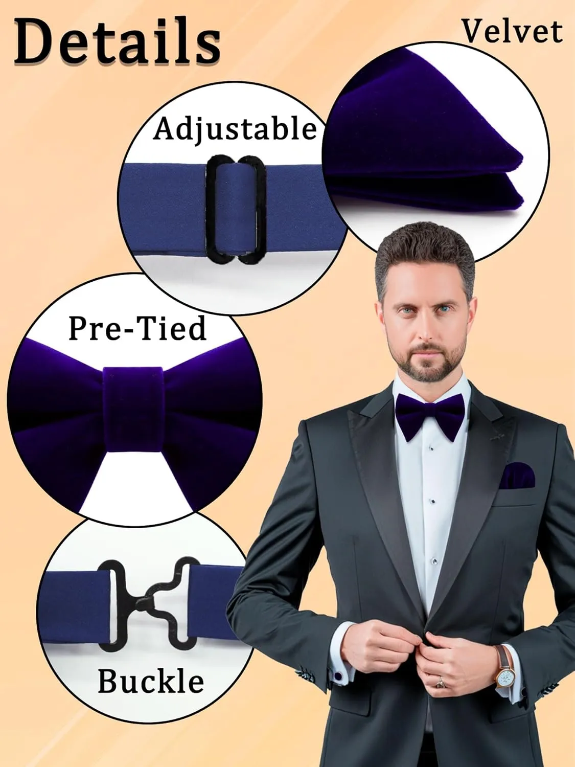 Mantieqingway Oversized Velvet Bow Ties for Men Black Bow Tie Sets Pre-tied Bow Tie with Pocket Square Cufflink Set for Men