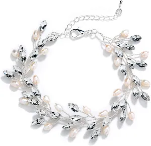 Mariell Bridal and Wedding Silver Bracelet with Crystal Gems and Freshwater Pearls, Fits 7" to 8 " Wrist