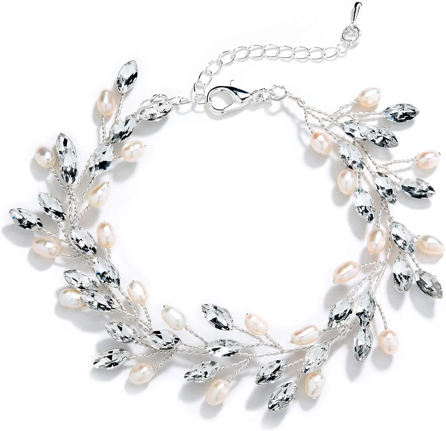 Mariell Bridal and Wedding Silver Bracelet with Crystal Gems and Freshwater Pearls, Fits 7" to 8 " Wrist
