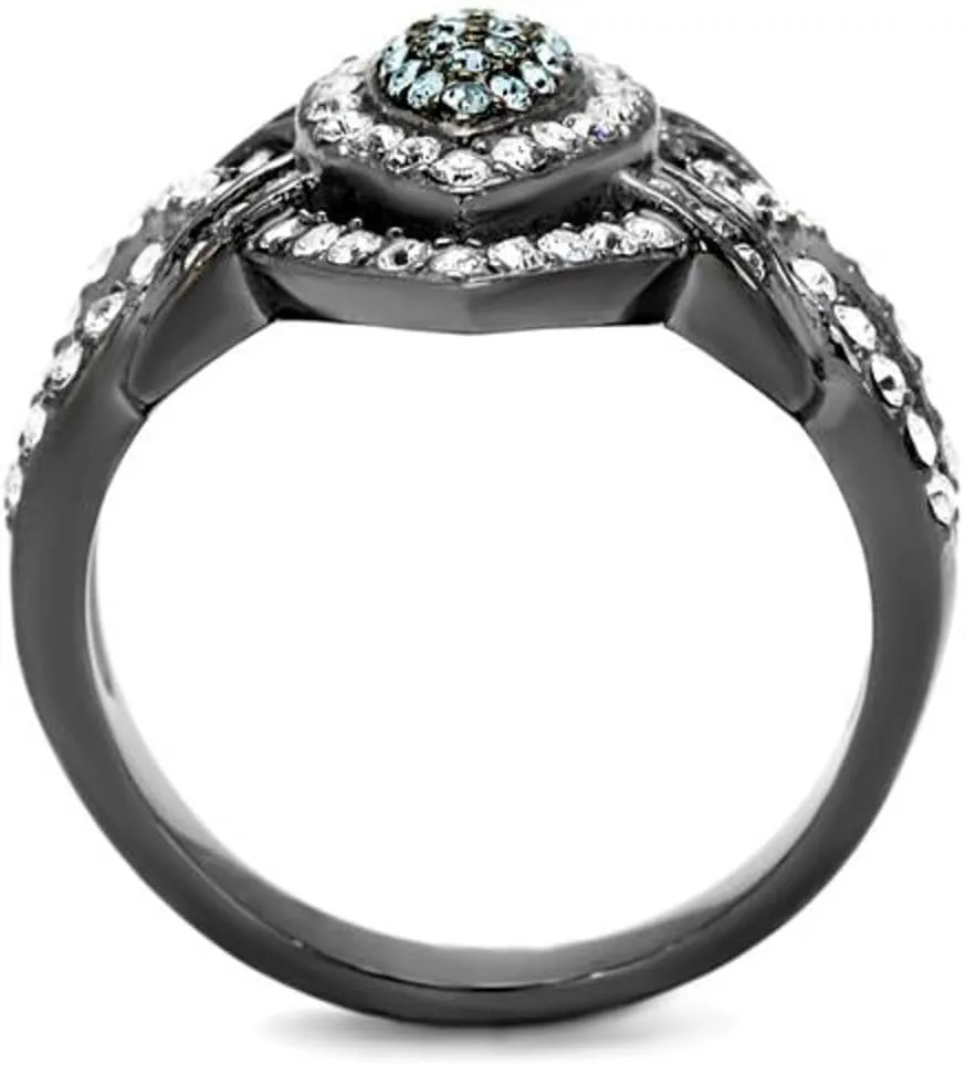 Marimor Jewelry Light Black Stainless Steel Clear and Aqua Crystal Cocktail Ring Women's Size 5-10
