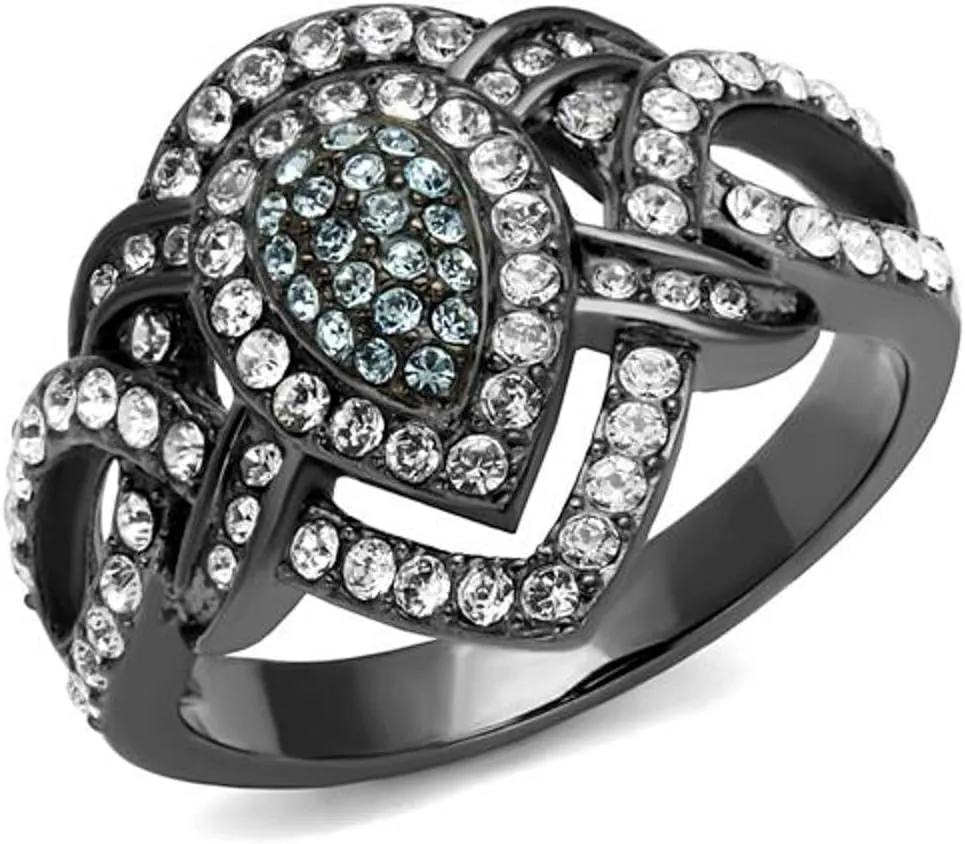 Marimor Jewelry Light Black Stainless Steel Clear and Aqua Crystal Cocktail Ring Women's Size 5-10