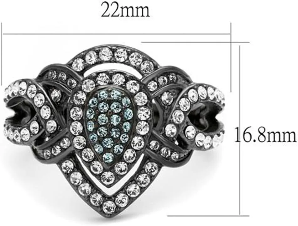 Marimor Jewelry Light Black Stainless Steel Clear and Aqua Crystal Cocktail Ring Women's Size 5-10