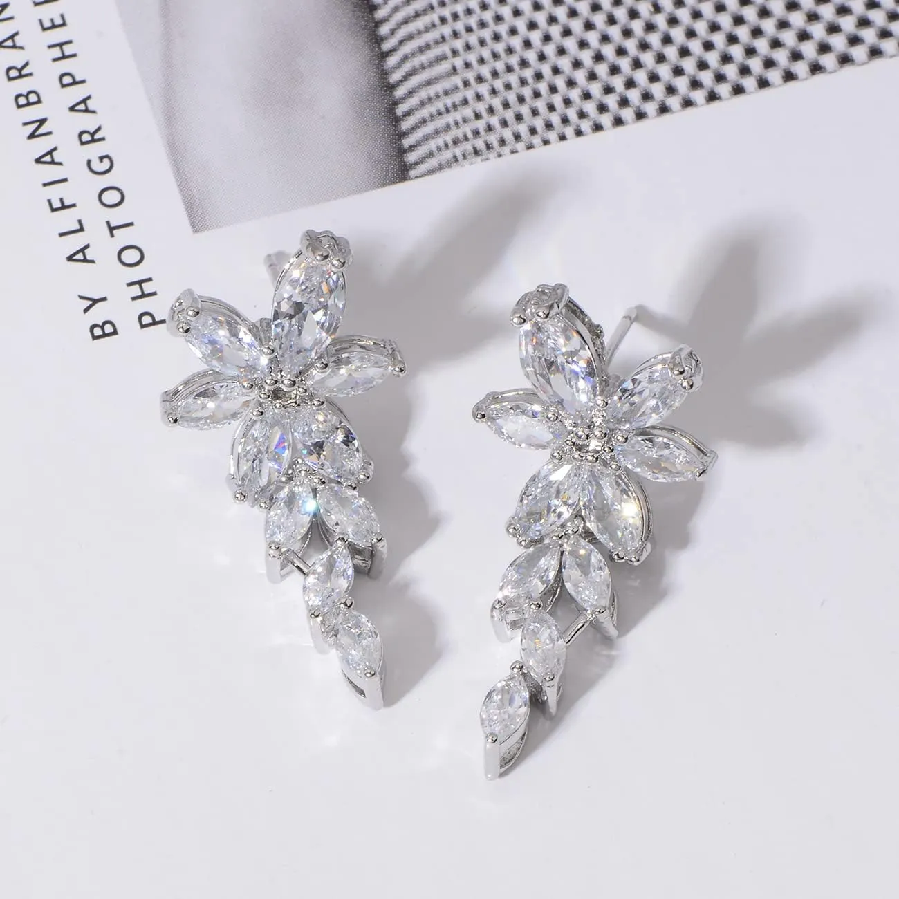 Marquise Cubic Zirconia Cluster Earrings for Wedding Sterling Silver CZ Crystal Rhinestone Floral Flower Leaf Bridal Dangle Drop Earring for Bride Bridesmaids Women Girls Party Prom Costume Jewelry