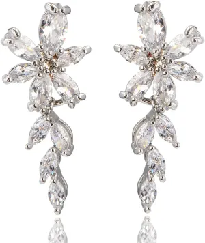 Marquise Cubic Zirconia Cluster Earrings for Wedding Sterling Silver CZ Crystal Rhinestone Floral Flower Leaf Bridal Dangle Drop Earring for Bride Bridesmaids Women Girls Party Prom Costume Jewelry